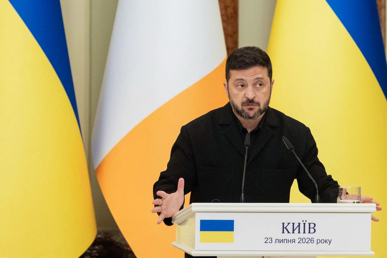 Ukraine's President Volodymyr Zelenskyy speaks during a joint press conference with Ireland's Prime Minister following their meeting in Kyiv on July 23, 2026, amid the Russian invasion of Ukraine. (AFP Photo)