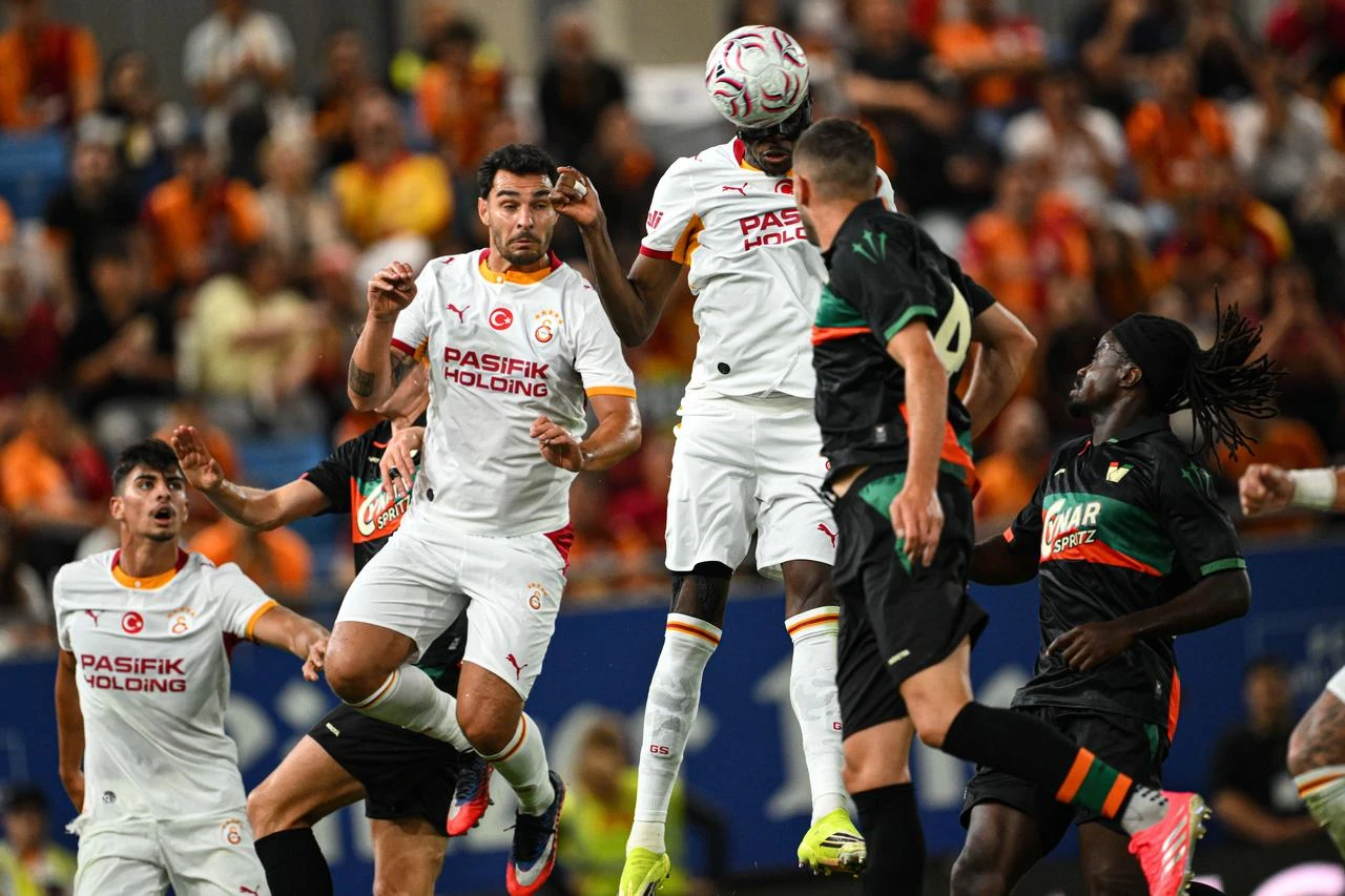 Victor Osimhen (3rd R) and Kaan Ayhan (2nd L) of Galatasaray in action during a pre-season friendly match between Galatasaray and Italy's Venezia FC at Hofmann Personal Stadion in Linz, Austria, on July 27, 2026. (AA Photo)