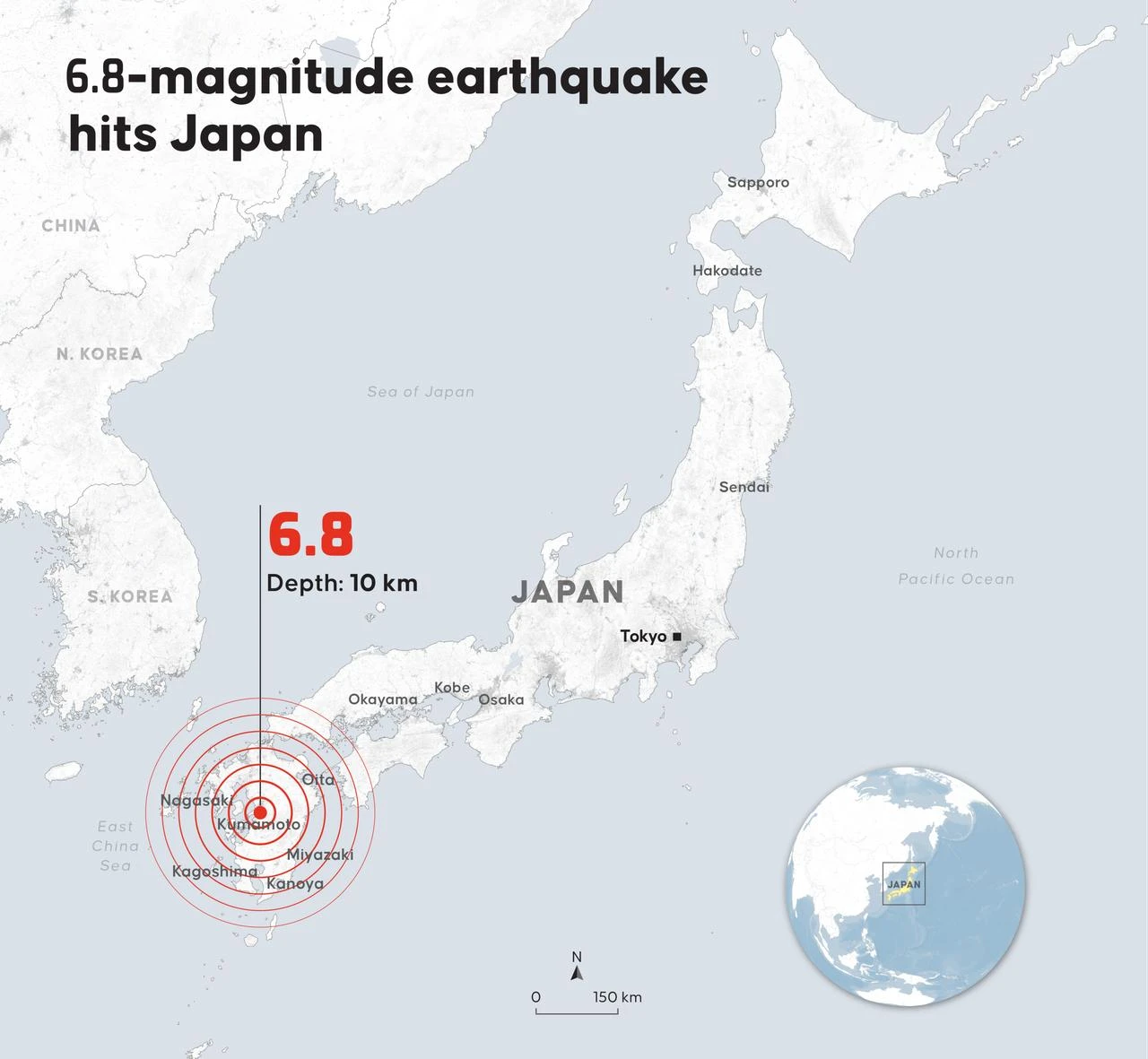 A map shows the epicenter of a 6.8-magnitude earthquake near Kumamoto in southwestern Japan, July 28, 2026.