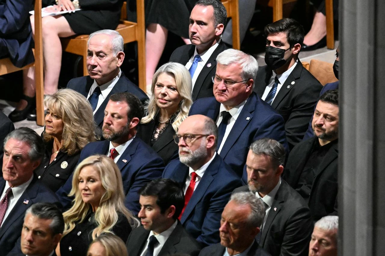 Israli Prime Minister Benjamin Netanyahu (upper L) and Ukrainian President Volodymyr Zelensky (R) attend the funeral service for US Senator Lindsey Graham at the Washington National Cathedral in Washington, DC, on July 28, 2026. (AFP Photo)