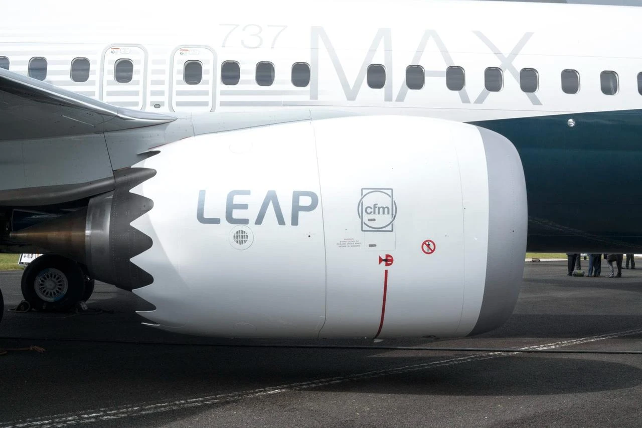 A CFM International LEAP-1B engine is displayed on a Boeing 737 MAX aircraft. (Photo via GE Aerospace)