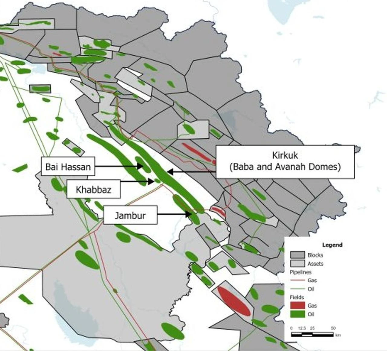 A detailed map highlighting the locations of the Bai Hassan, Jambur, and Khabbaz fields in Kirkuk.