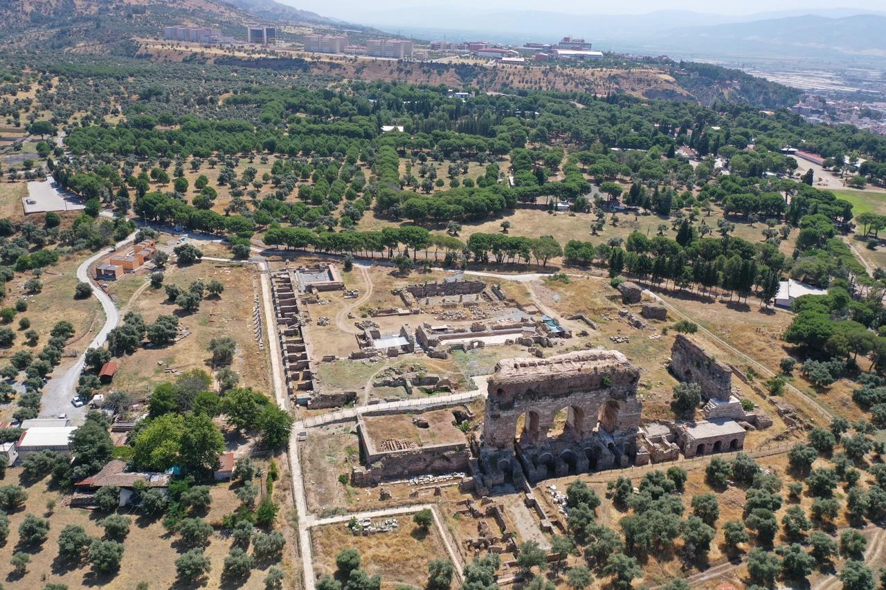 An aerial view shows Tralleis ancient city and its monumental Roman-era remains in Aydin, western Türkiye. (AA Photo)