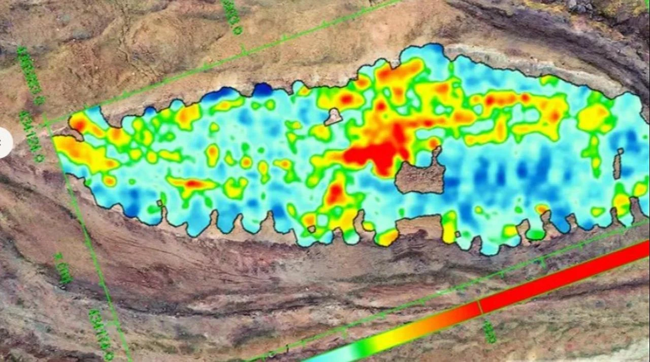 A color-coded geophysical survey visualization shows subsurface variations detected across the Durupinar formation. (Photo via Noah’s Ark Scans)