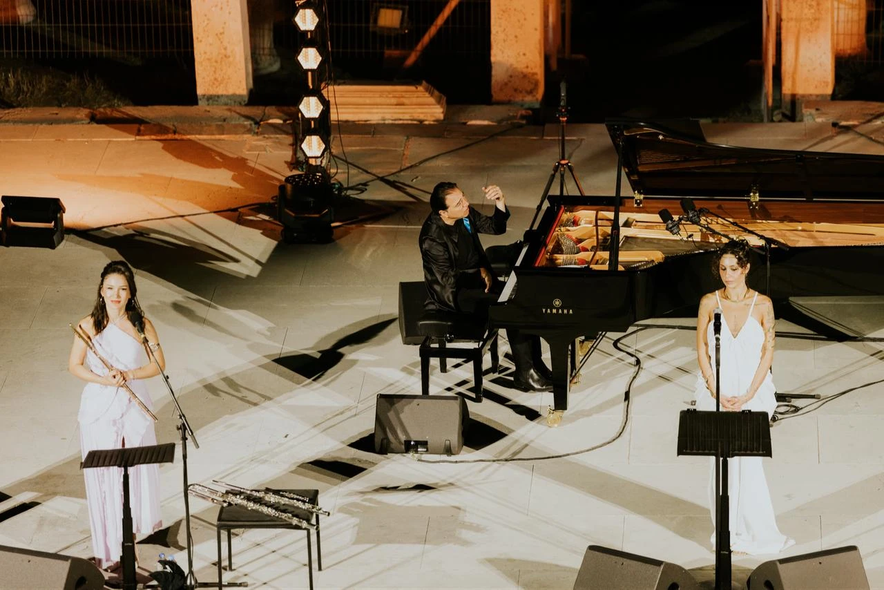 Turkish pianist and composer Fazil Say performs alongside flutist Aslihan And Say and vocalist Ezgi Alas during the Fazil Say Jazz Quintet’s summer tour in Türkiye. (AA Photo)