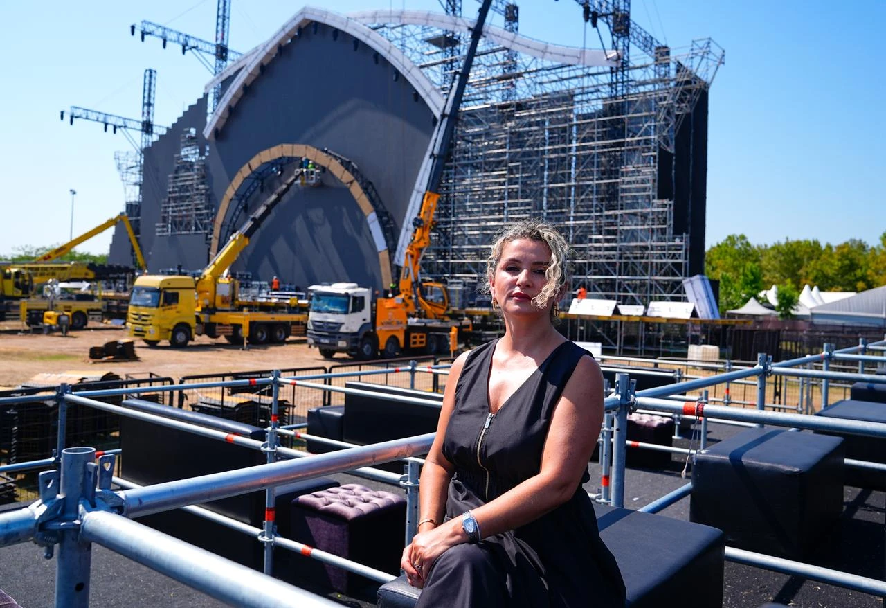 Ozlem Adiguzel, CEO of Focus Istanbul Etkinlik Yonetimi, in front of stage preparations. (AA Photo)