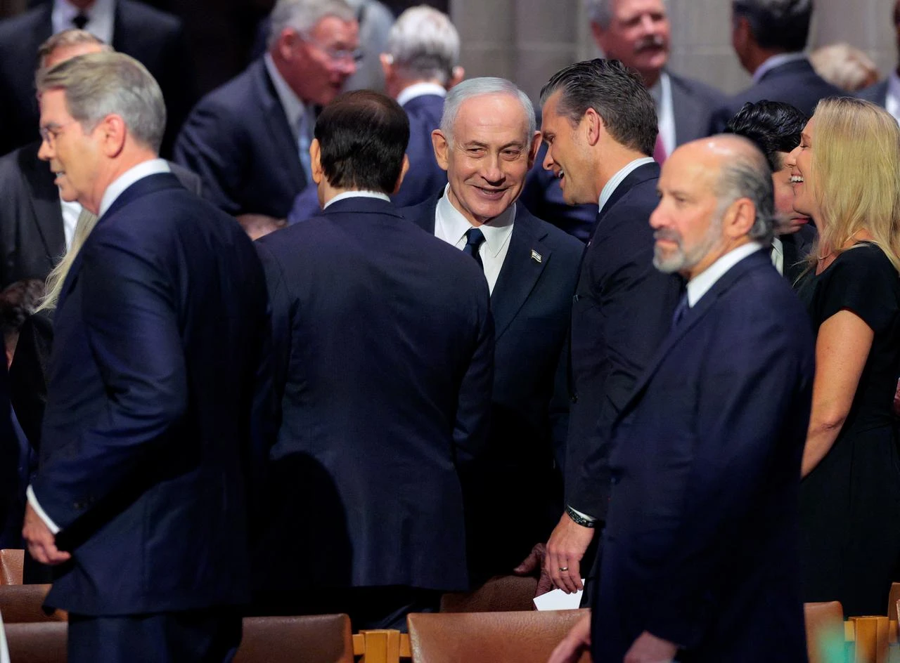 (L-R) US Secretary of State Marco Rubio, Israeli Prime Minister Benjamin Netanyahu, and US Secretary of War Pete Hegseth speak at the funeral service for the late US Sen. Lindsey Graham at the Washington National Cathedral on July 28, 2026 in Washington, DC. (AFP Photo)