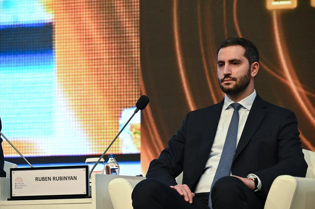 Ruben Rubinyan, Deputy Speaker of the National Assembly of Armenia and Special Representative for the process of normalization of relations with Turkiye attends the 'Peace, Development, and Connectivity in the South Caucasus' panel during the Antalya Diplomacy Forum (ADF) at NEST Congress and Exhibition Center in Antalya, Türkiye on March 01, 2024. (AA Photo)