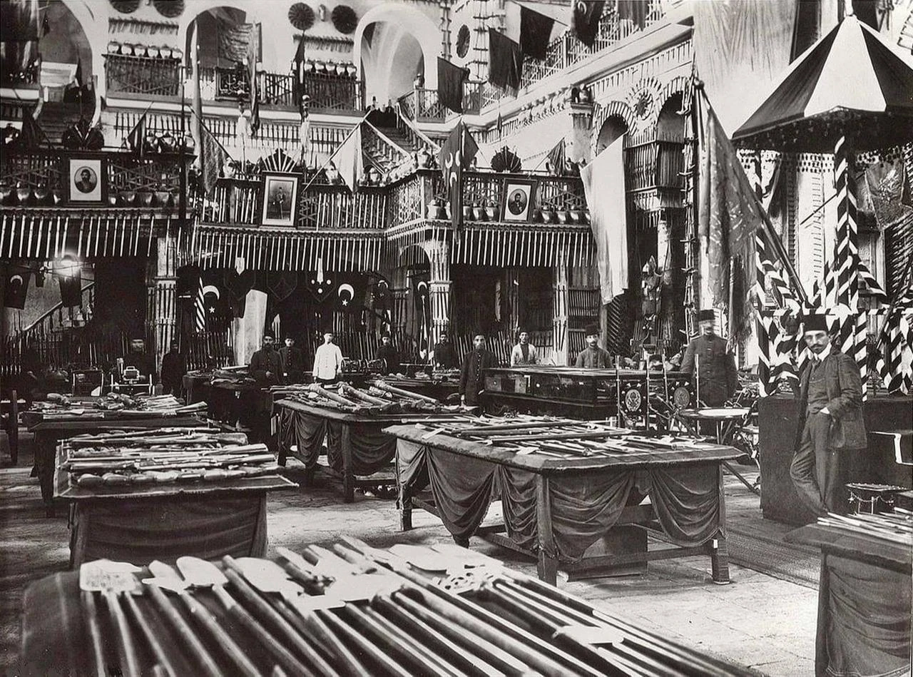 Weapons and military artifacts are displayed inside the Aya Irini Old Weapons Museum in Istanbul in the 1880s. (Photo via Facebook/@istanbuldayapilacak999sey)