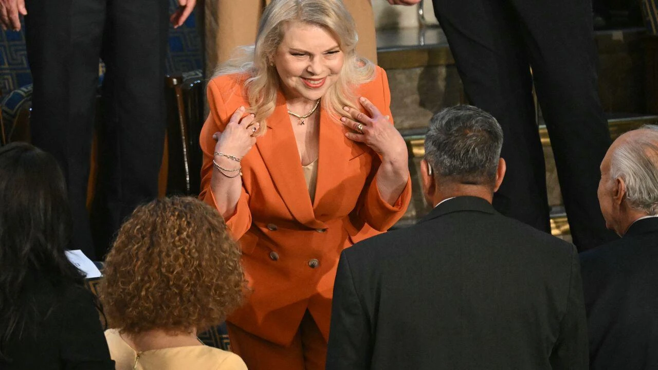Sara Netanyahu arrives for her husband Israeli Prime Minister Benjamin Netanyahu's address to a joint meeting of Congress at the US Capitol on July 24, 2024, in Washington, DC. (AFP Photo)