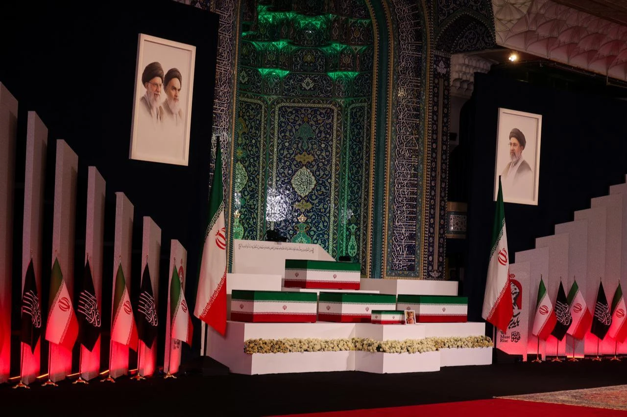The coffins of Iran's slain supreme leader Ali Khamenei and his family members are pictured at the Grand Mosalla in Tehran, July 3, 2026. (AFP Photo)