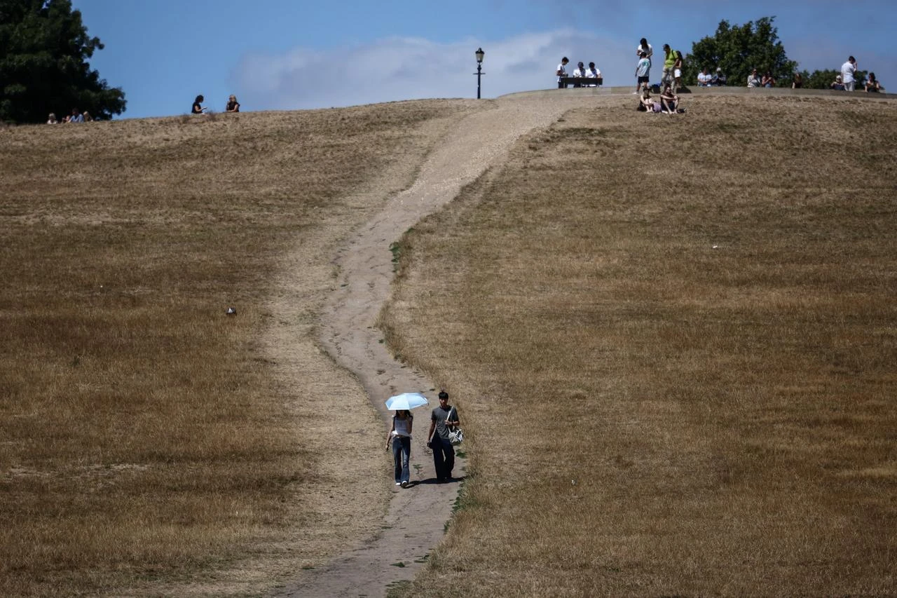 People make their way along a path through the dry, sun-scorched grass of Primrose Hill in central London on July 27, 2026. (AFP Photo)