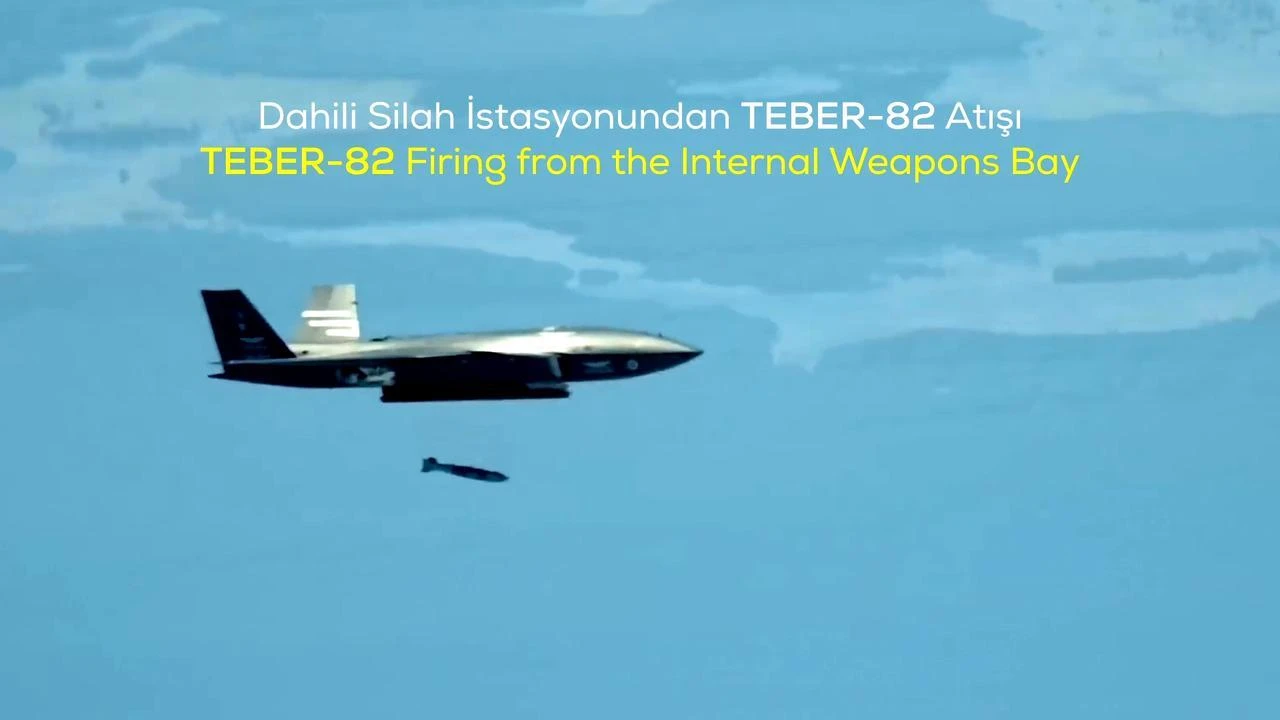 Bayraktar Kizilelma unmanned fighter aircraft during live-fire tests from its internal weapons bay, with TEBER-82 and TOLUN munitions, at Corlu, Tekirdag, July 30, 2026. (Photo via Baykar/HO)