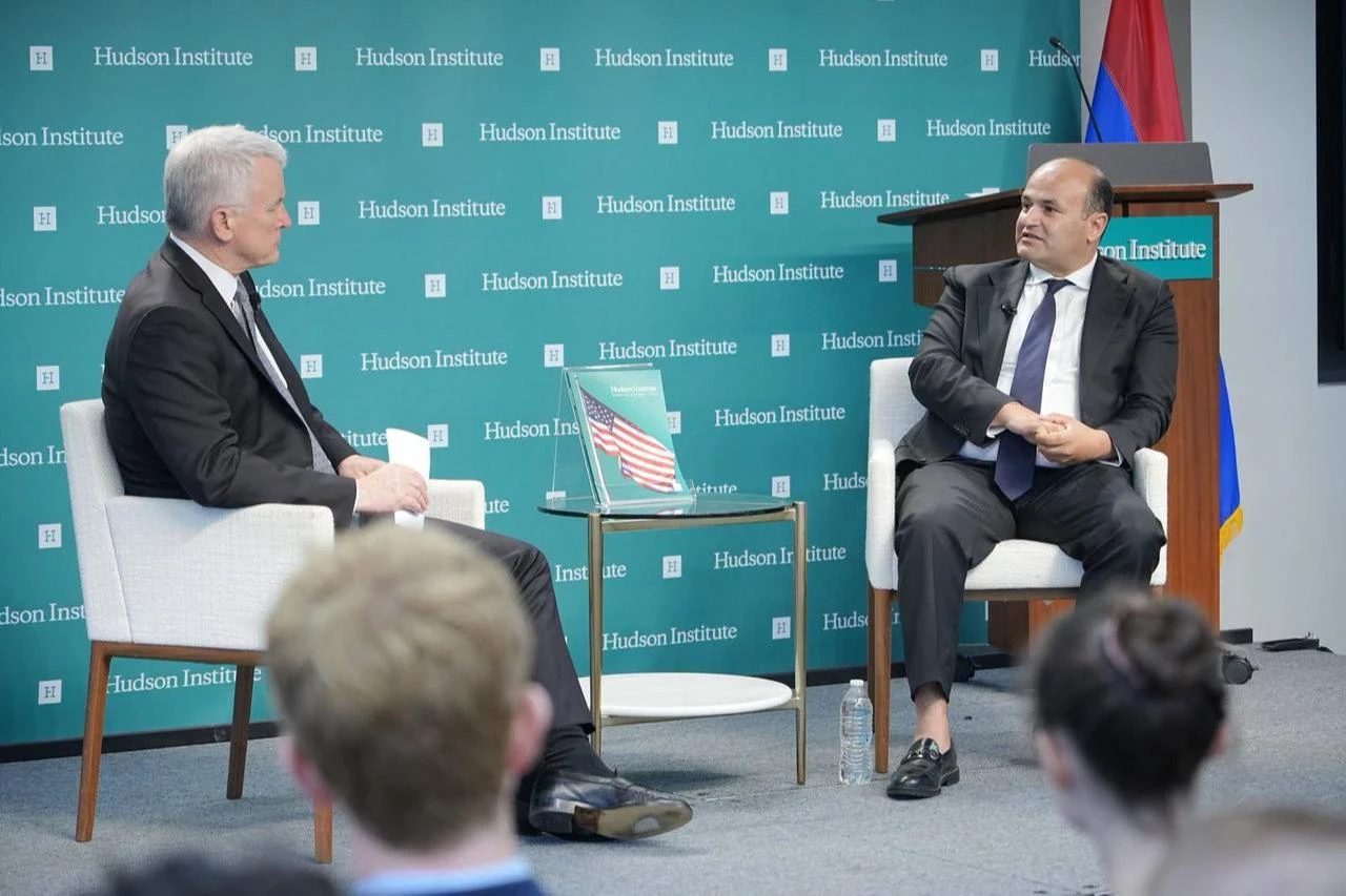 Armenian Ambassador to the United States Narek Mkrtchyan (R) speaks with Michael Doran, Director of the Center for Peace and Security in the Middle East, during a discussion on the future of U.S.-Armenia relations at the Hudson Institute in Washington, D.C.. (Photo via X/@armembusa)