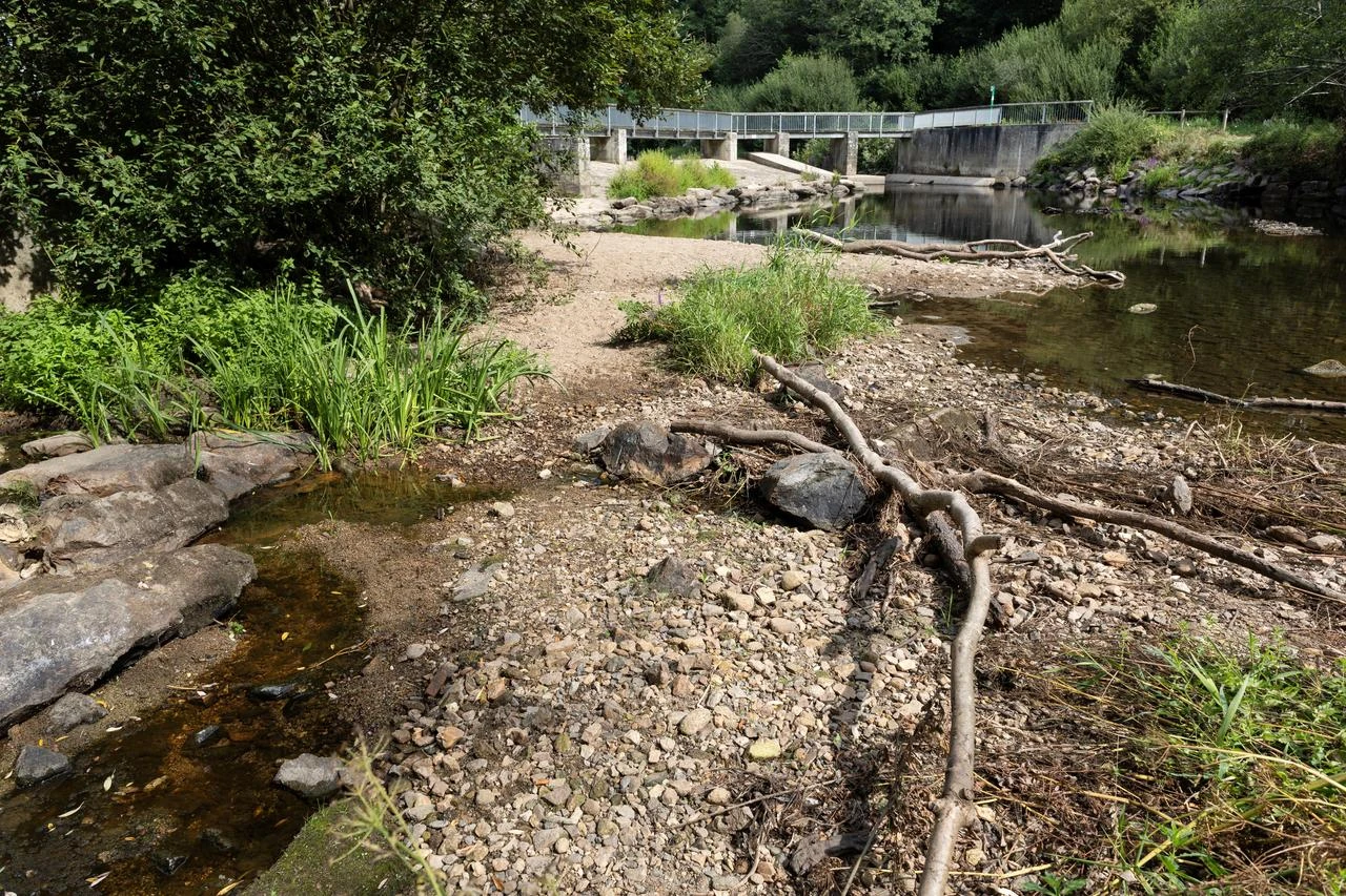 This photograph shows the Steir River, a tributary of the Odet River, affected by severe low water levels in Quimper, north-western France, July 31, 2026 (AFP Photo)