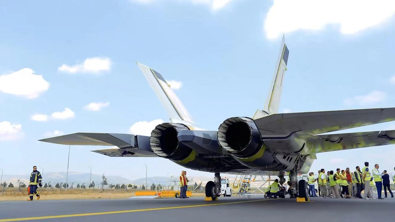 The photo shows the Turkish Aerospace Industries (TAI) KAAN fighter jet during its pre-flight taxi tests, moving along the runway in Ankara on July 31, 2026. (Photo via screengrab from video X/@TUSAS_TR)