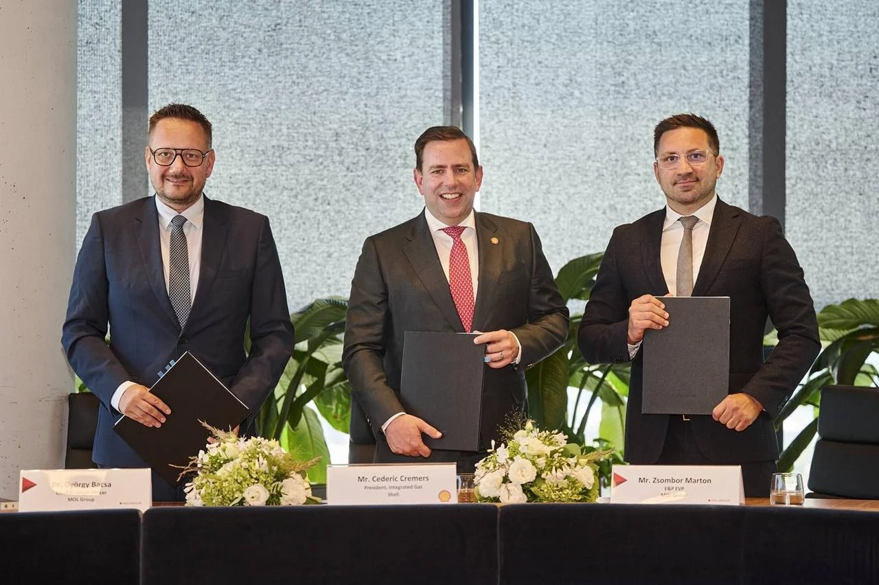 (L-R) Dr. György Bacsa, Chief Operating Officer of MOL Group; Cederic Cremers, President of Integrated Gas at Shell; and Zsombor Marton, Executive Vice President of MOL Group, pose after signing an agreement for MOL's acquisition of Shell's 35% stake in the Aphrodite offshore gas field in the eastern Mediterranean, July 31, 2026. (Photo via X)