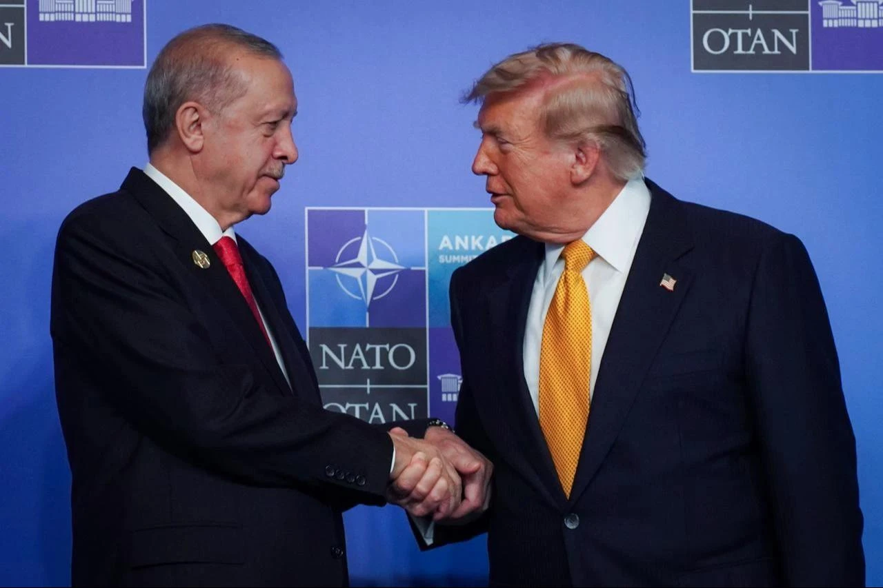 President Recep Tayyip Erdogan (L) greets US President Donald Trump (R) prior to the family photo session and the North Atlantic Council meeting held as part of the 36th NATO Heads of State and Government Summit at the Presidential Complex in Ankara, Türkiye on July 08, 2026. (AA Photo)