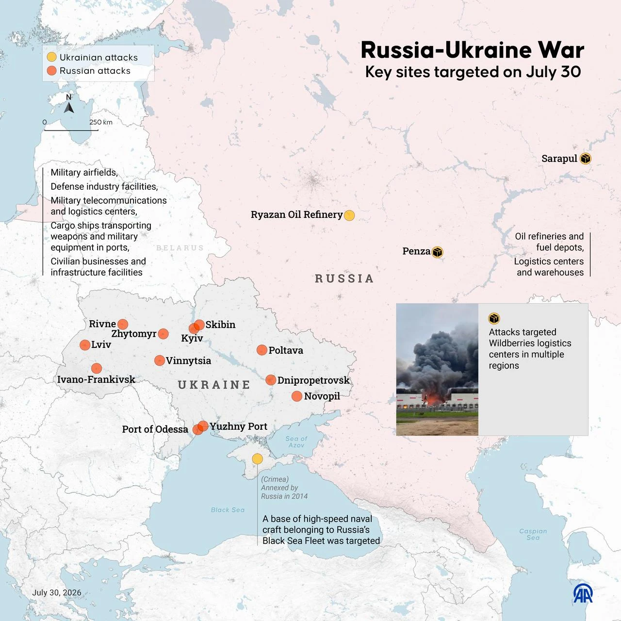 An infographic titled "Key sites targeted in the Russia-Ukraine War on July 30" was created in Ankara, Türkiye, on July 30, 2026. (AA Infographic)