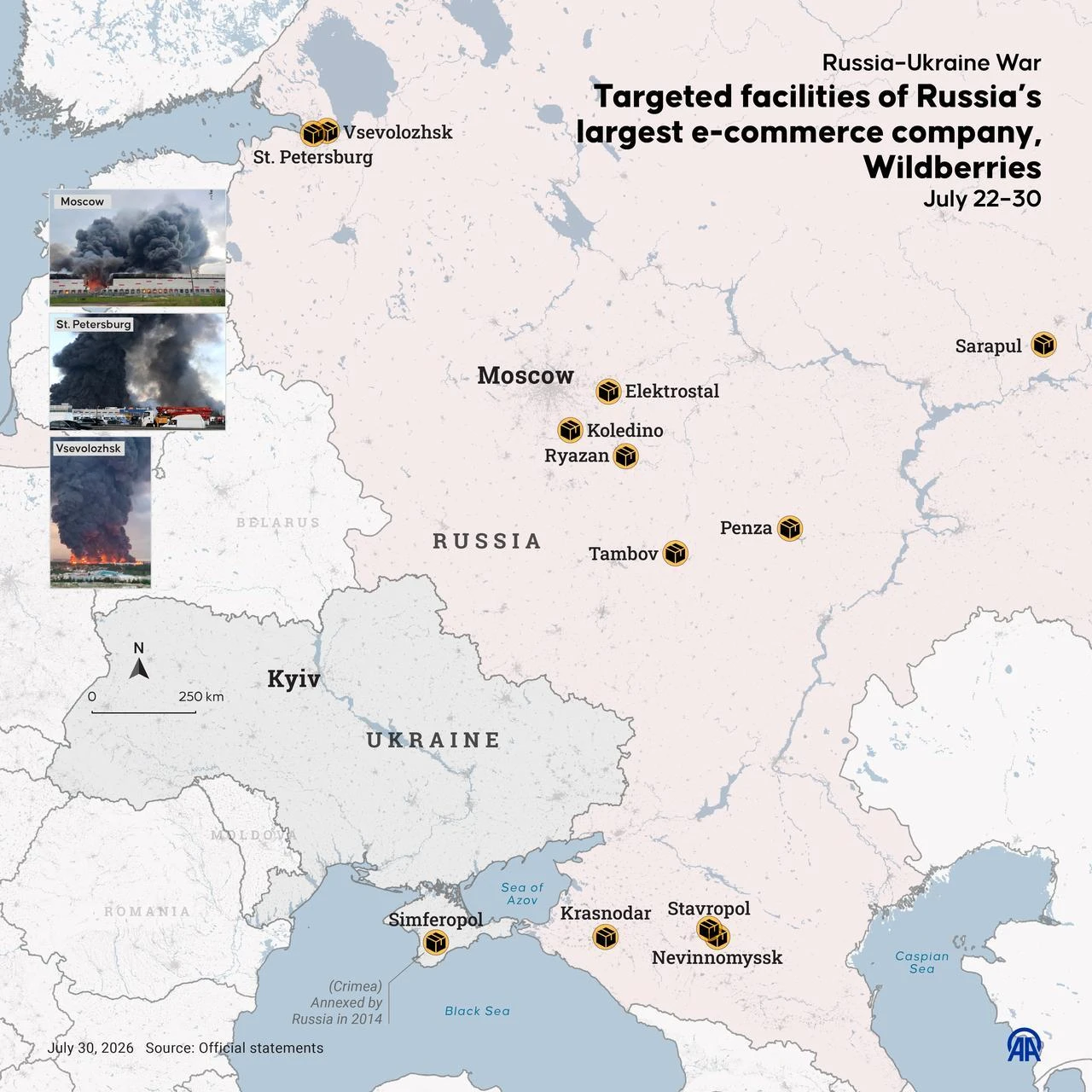 An infographic titled "Targeted facilities of Russia’s largest e-commerce company, Wildberries," created in Ankara, Türkiye, on July 30, 2026. (AA Infographic)