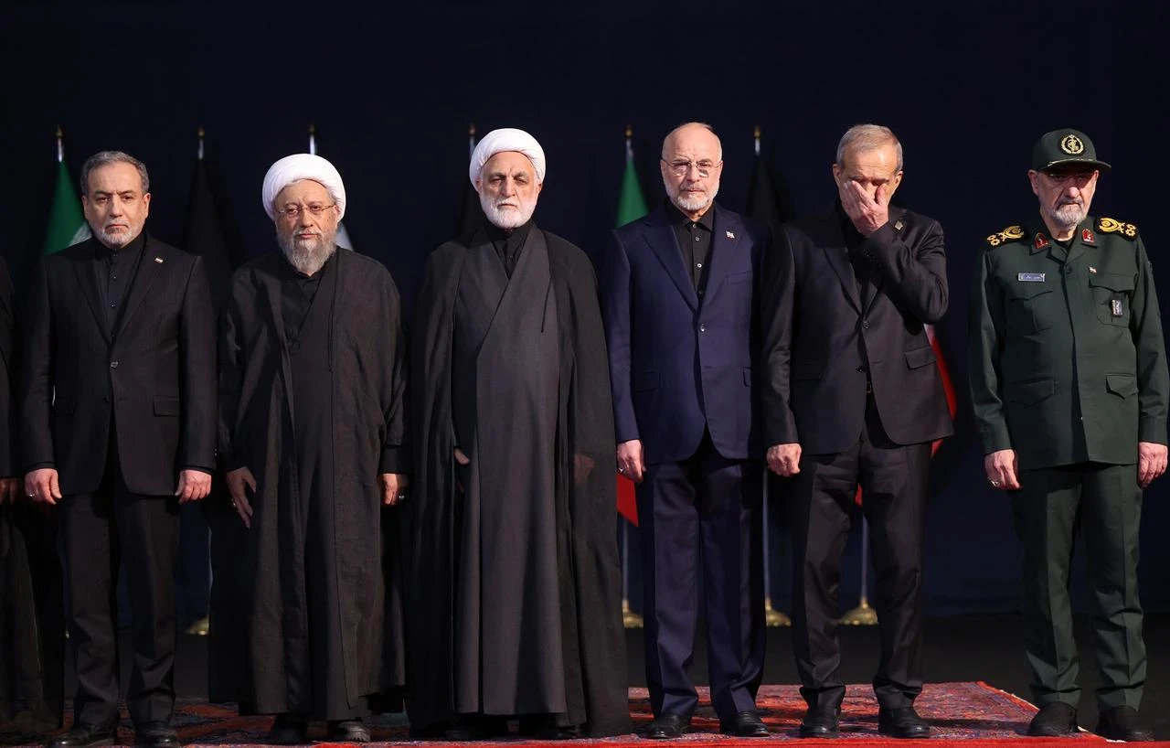 Iranian officials attend a state ceremony for former Iranian leader Ali Khamenei in Tehran, Iran, July 3, 2026. (Iranian Presidency/HO)