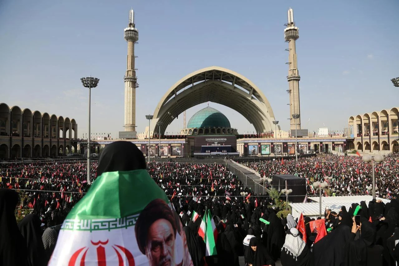 Thousands of mourners attend the funeral ceremony for former Iranian Supreme Leader Ali Khamenei at Imam Khomeini Mosalla Mosque in Tehran, Iran, July 4, 2026. (AA Photo)