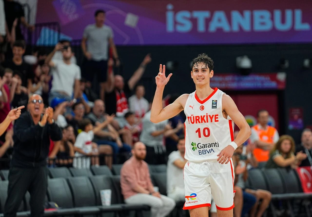 Türkiye’s Ömer Kutluay celebrates after a play during the FIBA U17 Basketball World Cup match between Türkiye and Venezuela at the Basketball Development Center in Istanbul, Türkiye, July 1, 2026. (AA Photo)