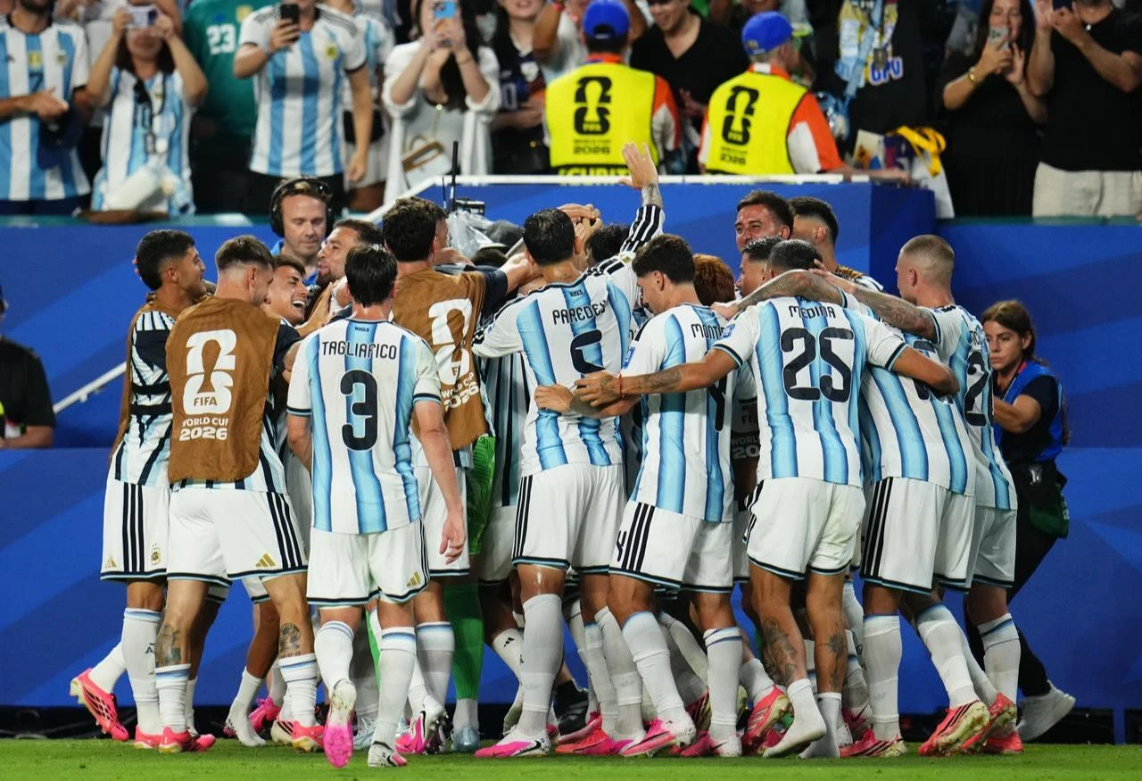 Cristian Romero of Argentina celebrates after scoring his team's third goal with teammates during the 2026 FIFA World Cup Round of 32 match between Argentina and Cape Verde at the Hard Rock Stadium (Miami Stadium) in Miami Gardens, Florida, United States, July 03, 2026. (AA Photo)