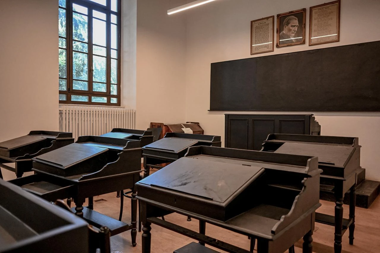 This photograph shows a classroom of the Halki Seminary, the main theological school for the Eastern Orthodox Church until is was closed in 1971, on Princes Islands in Istanbul, Türkiye, July 2, 2026. (AFP Photo)