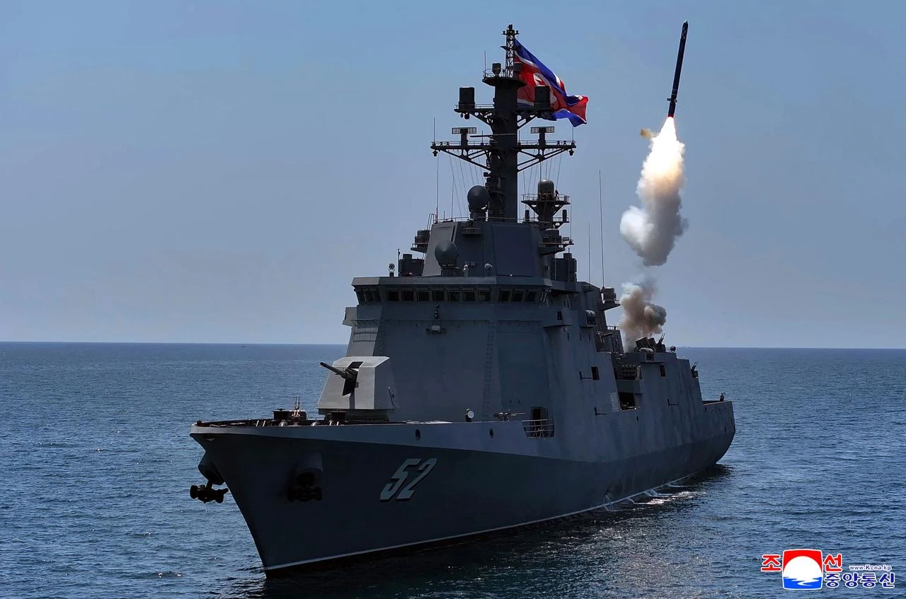This picture taken on July 3, 2026 and released by North Korea's official Korean Central News Agency (KCNA) via KNS on July 5, 2026 shows the performance tests of the main weapons systems of the destroyer Kang Kon at an undisclosed location in North Korea. (Photo by KCNA VIA KNS / AFP)