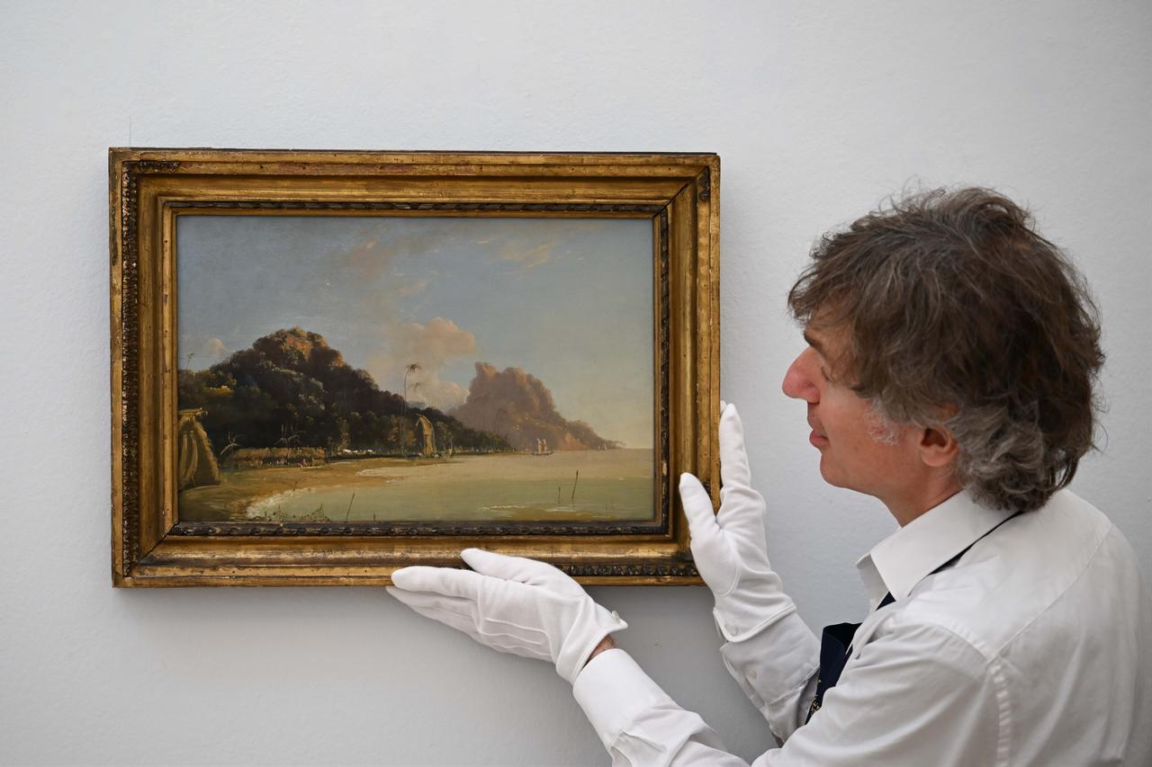 William Hodges’ “View of Owharre Harbour, Huahine” is displayed at Sotheby’s in London ahead of auction, June 26, 2026. (AA Photo)