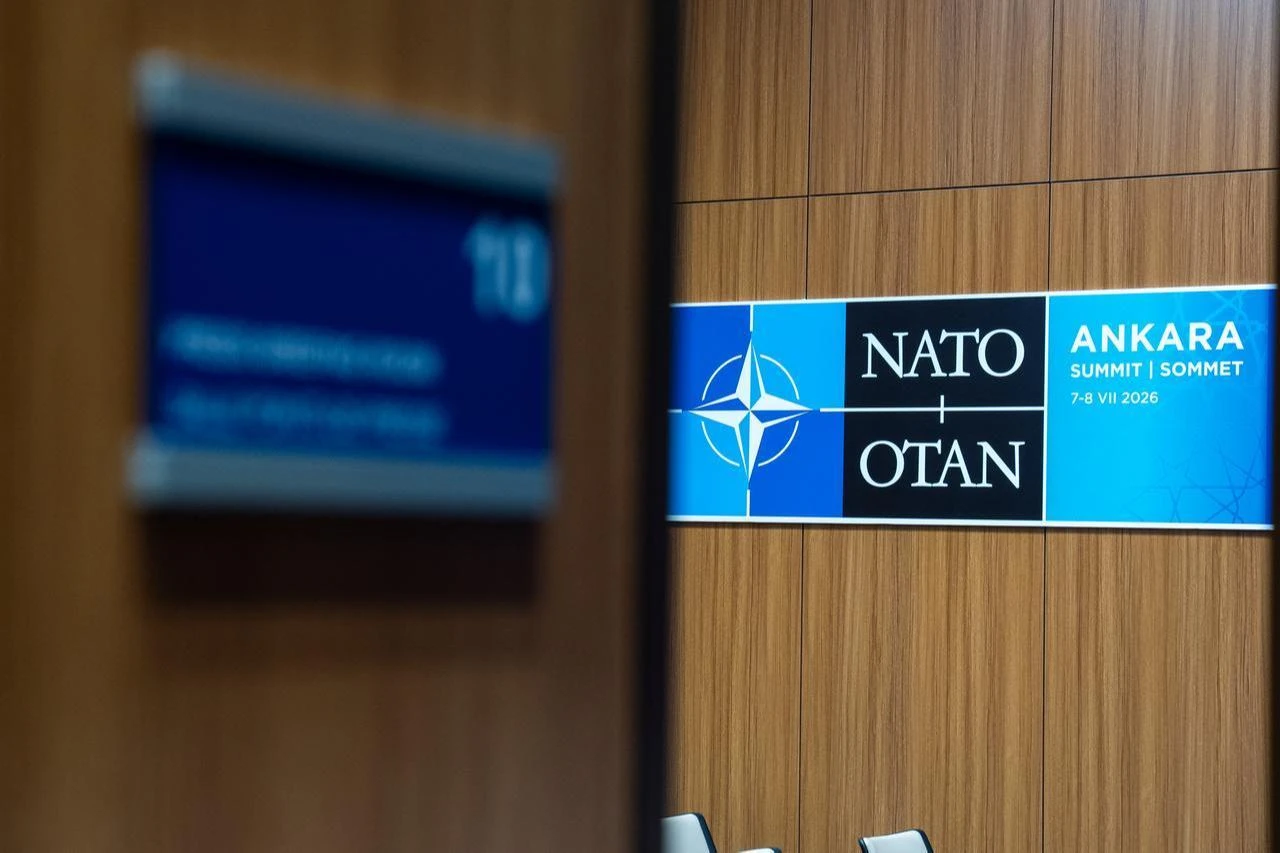 A view of NATO Summit signage displayed inside the International Media Center established at the Presidential Nation's Library in Ankara, July 06, 2026. (AA Photo)