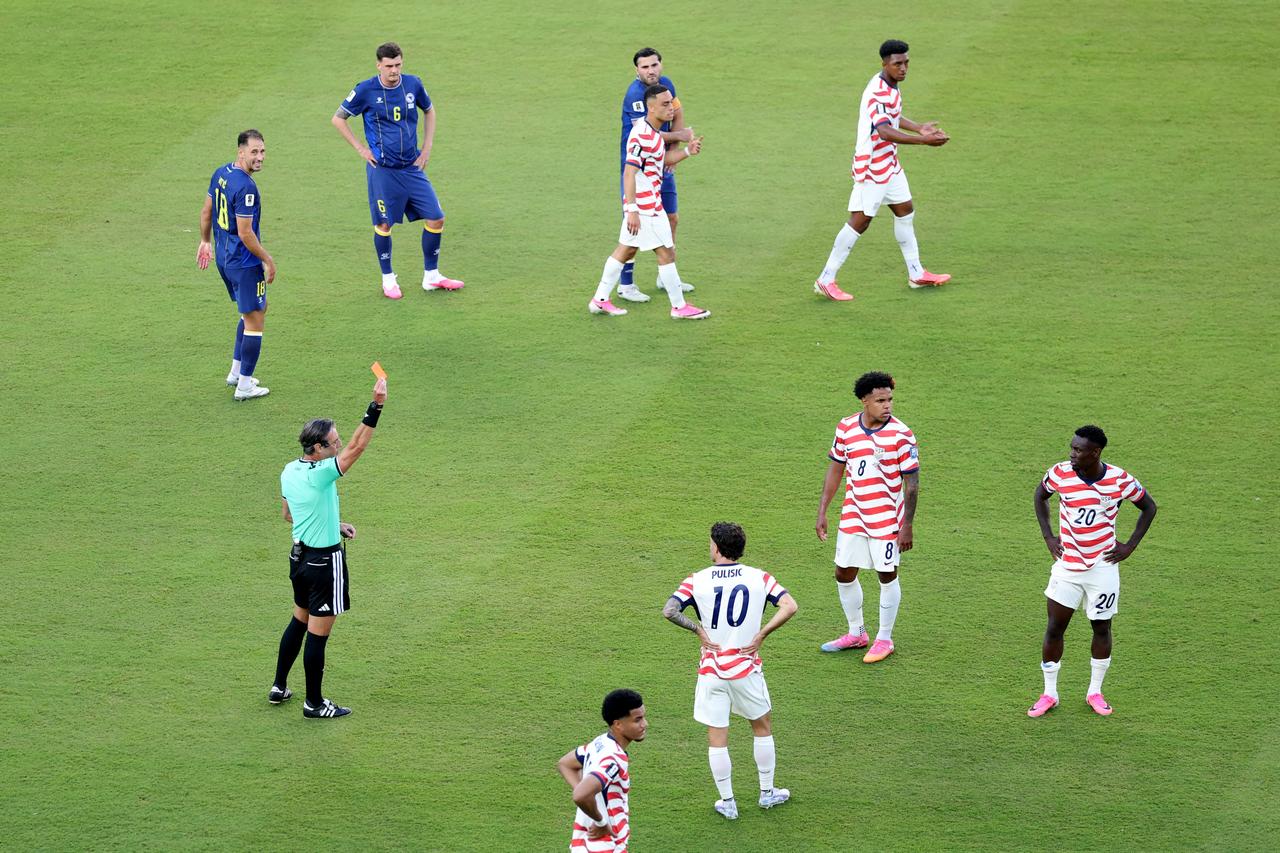 Referee Raphael Claus shows Folarin Balogun #20 of the United States a red card for a foul on Tarik Muharemovic #4 of Bosnia and Herzegovina during the match between USA and Bosnia and Herzegovina at San Francisco Bay Area Stadium in California, US, on July 01, 2026 (AFP Photo)