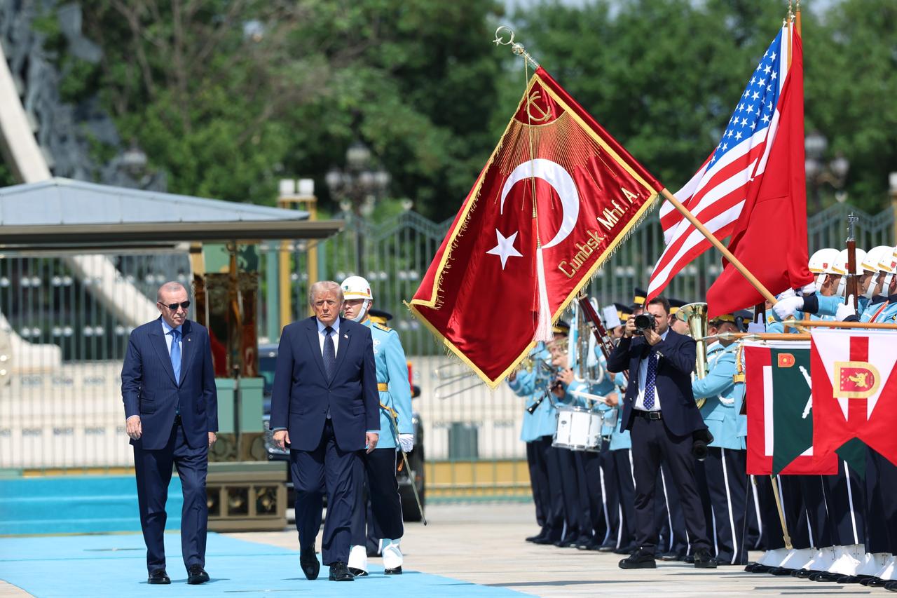 Turkish President Recep Tayyip Erdogan welcomes US President Donald Trump, who is paying an official visit to Turkiye ahead of the 36th NATO Heads of State and Government Summit in Ankara, with an official ceremony at the Presidential Complex in Ankara, Türkiye, July 7, 2026. ( TUR Presidency / Murat Kula - Anadolu Agency )