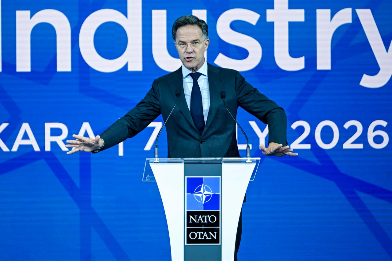 NATO Secretary General Mark Rutte delivers a speech at a podium during the Defense Industry Forum in Ankara, Türkiye, July 7, 2026. (AA Photo)
