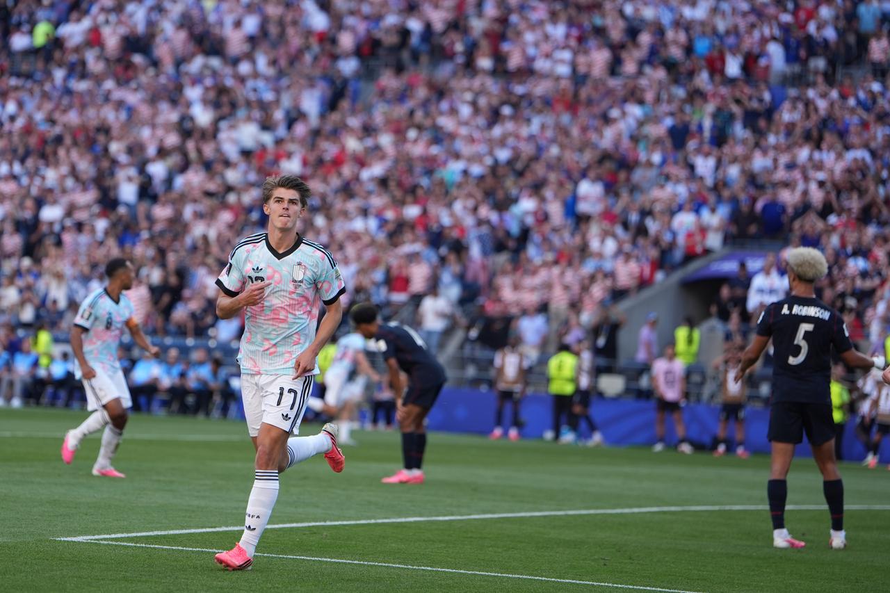 Charles De Ketelaere (17) of Belgium celebrates after scoring a goal during the 2026 FIFA World Cup Round of 16 match between USA and Belgium at Lumen Field (Seattle Stadium) in Seattle, Washington, United States, July 6, 2026. (AA Photo)