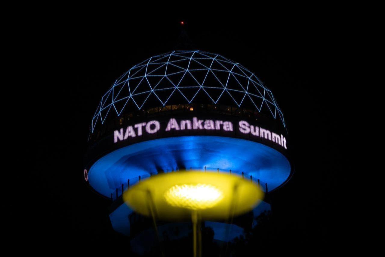 A view of Atakule, one of the landmark buildings of Turkish capital, is illuminated ahead of the 36th NATO Summit of Heads of State and Government, in Ankara, Türkiye, July 5, 2026. (AA Photo)