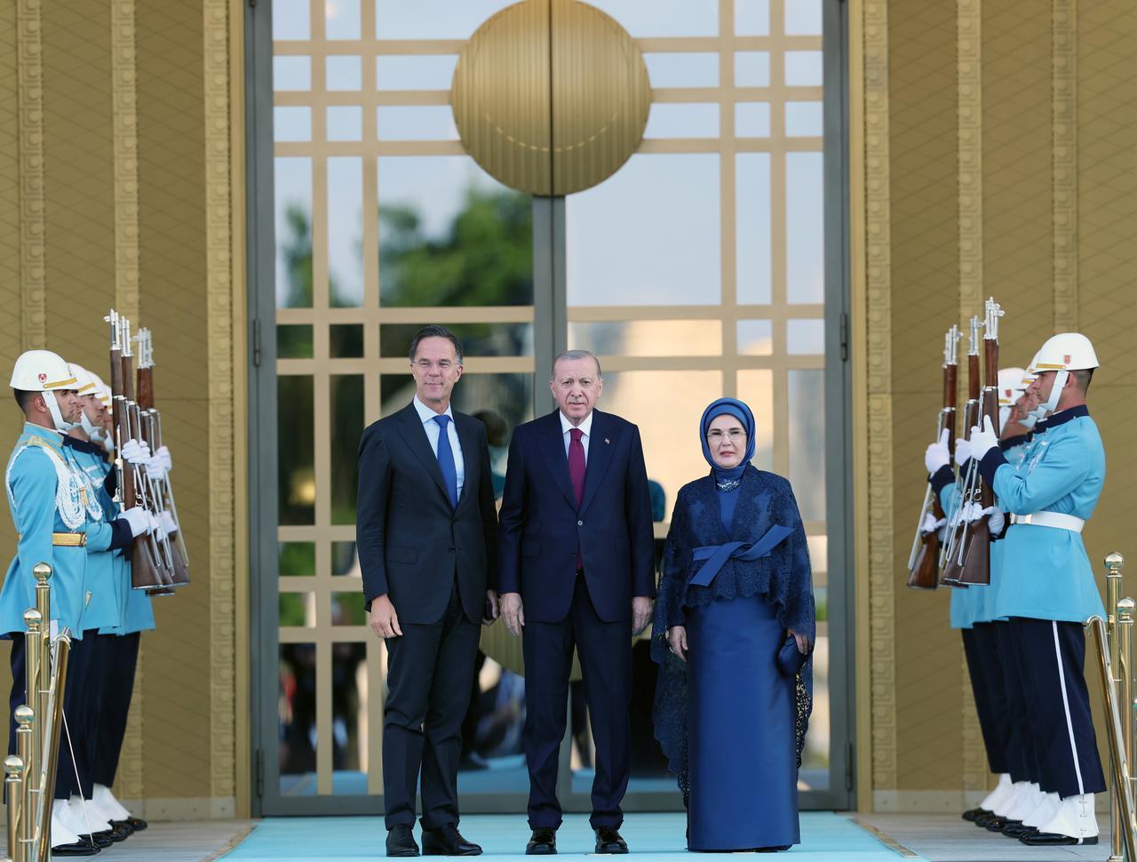 President Recep Tayyip Erdogan and his wife Emine Erdogan welcome NATO Secretary General Mark Rutte during a reception at the Presidential Complex in Ankara, July 7, 2026. (Photo via Turkish Presidency/Murat Kula)
