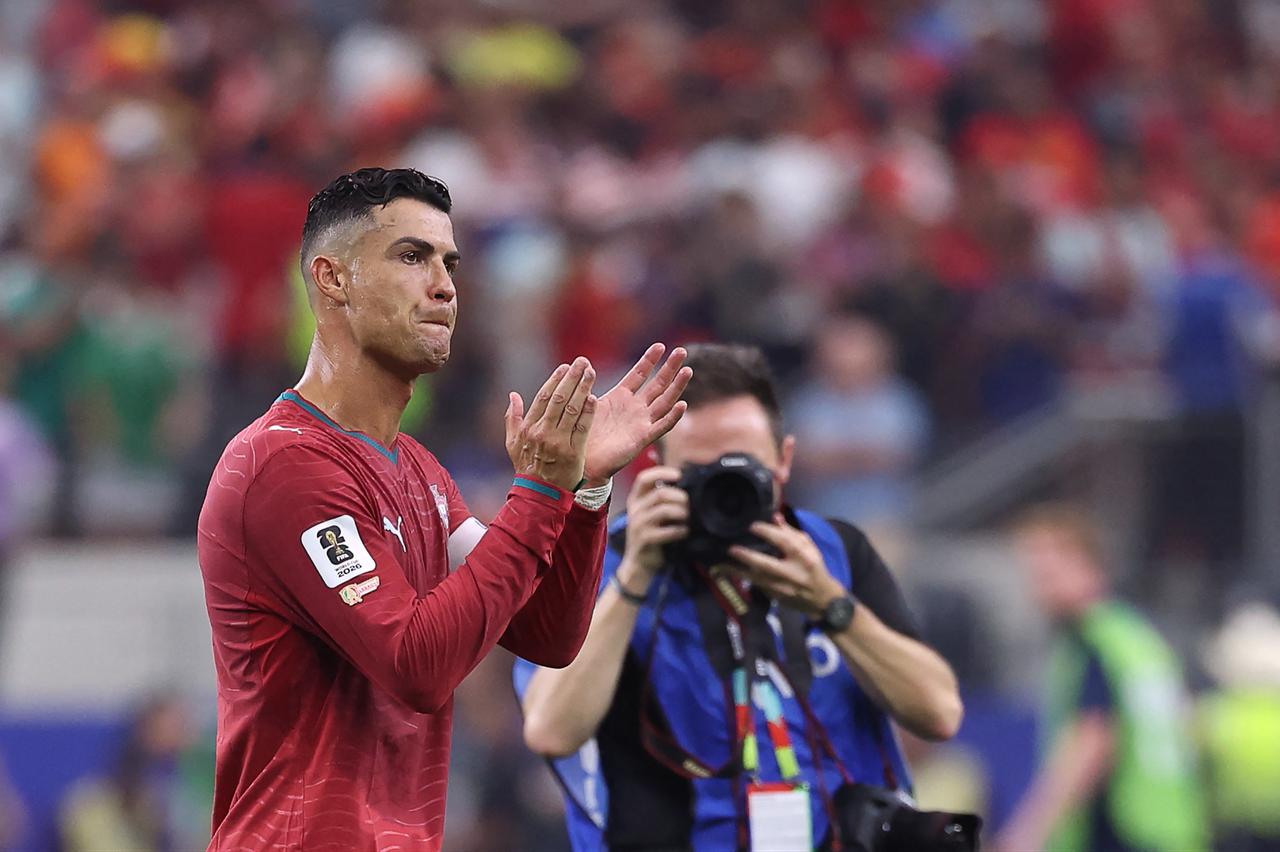 Portugal's forward #07 Cristiano Ronaldo greets fans after losing the 2026 World Cup match between Portugal and Spain at the Dallas Stadium in Texas, US, July 6, 2026. (AFP Photo)