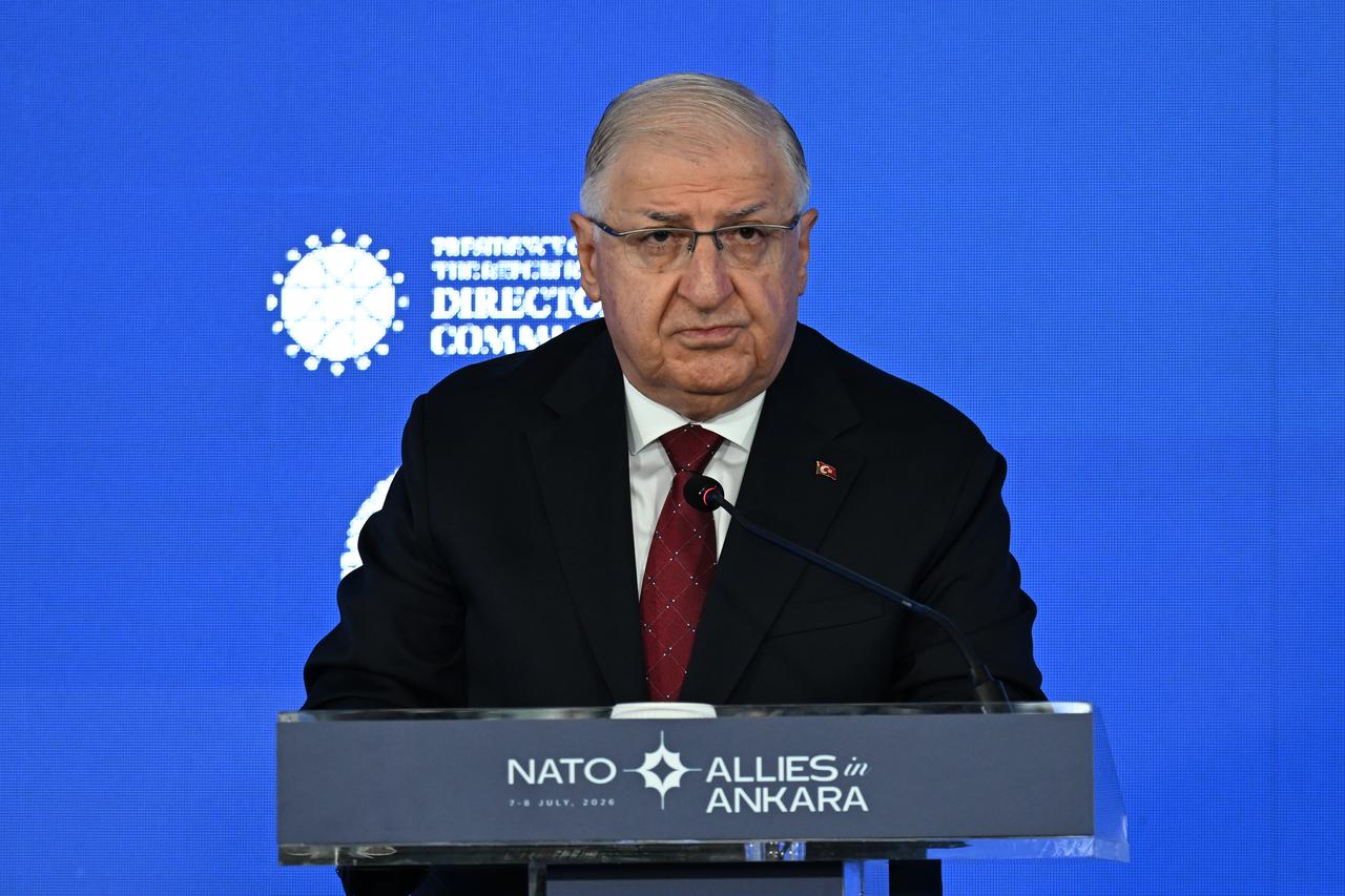 Turkish Minister of National Defense Yasar Guler makes a speech during the "Ankara in Allies" official event hub for the 2026 NATO Summit, co-hosted by the Munich Security Conference and the SETA Foundation, in Ankara, Türkiye, July 7, 2026. (AA Photo)