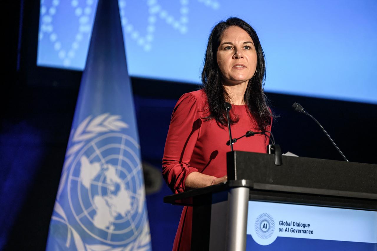 The President of the United Nations General Assembly Annalena Baerbock delivers a speech at the opening session of the first Global Dialogue on AI Governance, in Geneva, Switzerland, July 6, 2026. (AFP Photo)