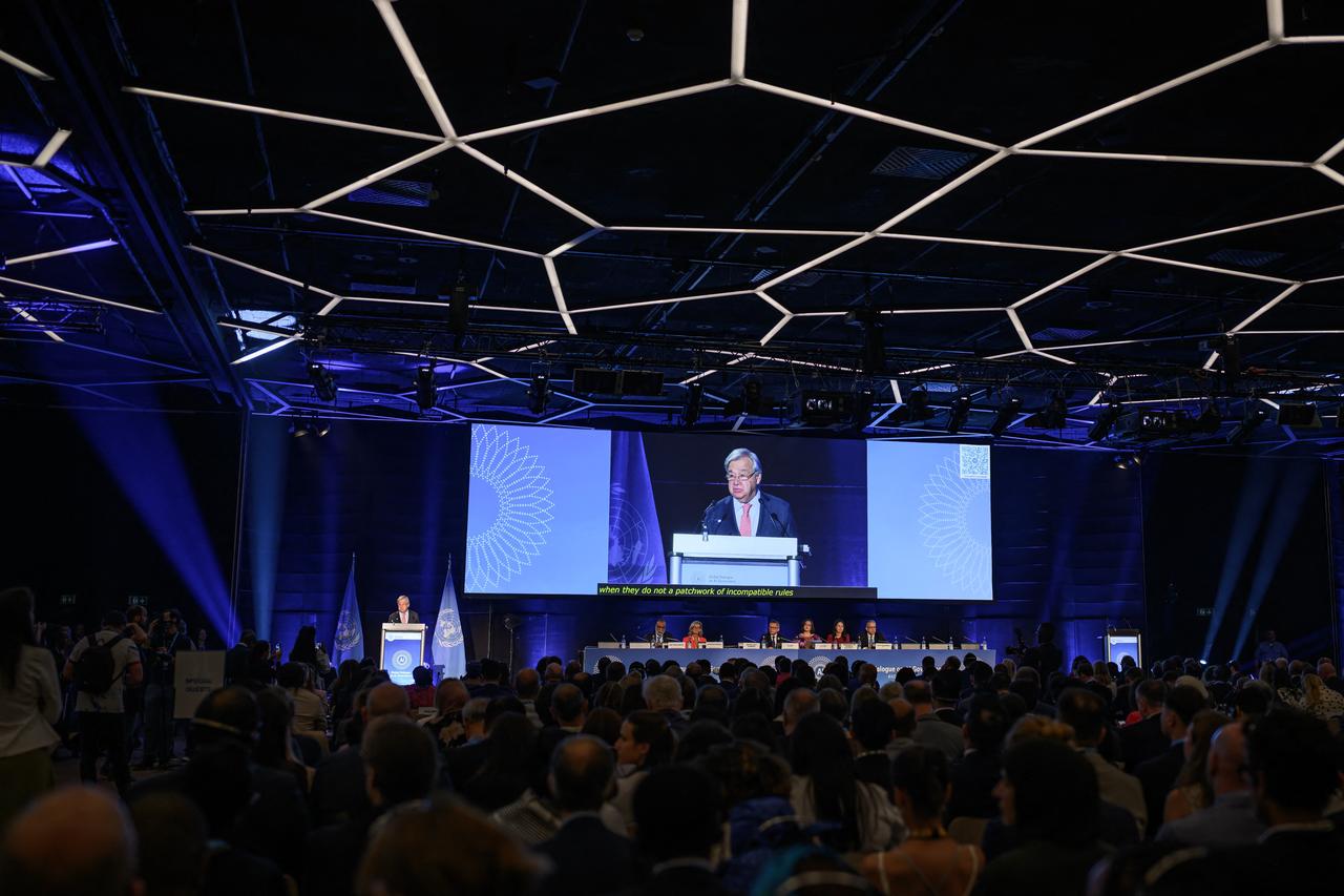 UN Secretary-General Antonio Guterres delivers the opening speech of the first Global Dialogue on AI Governance, in Geneva, Switzerland, July 6, 2026. (AFP Photo)
