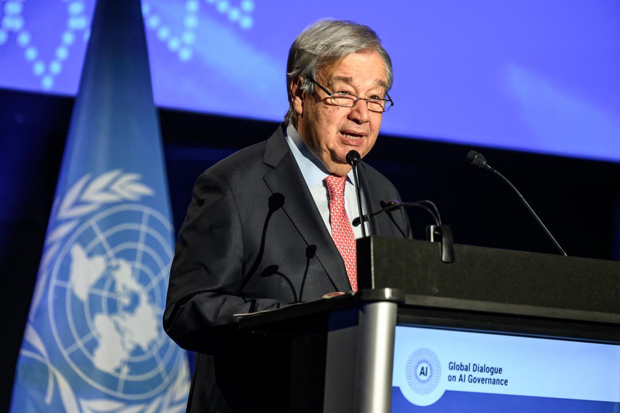 UN Secretary-General Antonio Guterres delivers the opening speech of the first Global Dialogue on AI Governance, in Geneva, Switzerland, July 6, 2026. (AFP Photo)