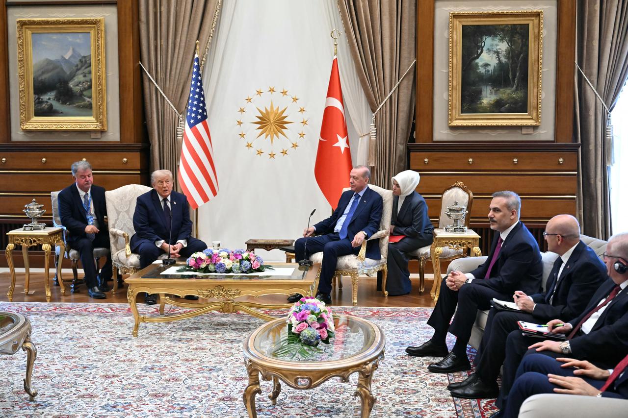 Turkish President Recep Tayyip Erdogan (C-R) and US President Donald Trump (C-L) hold a meeting at Bestepe Presidential Compound in Ankara, on July 7, 2026, on the sidelines of the NATO Summit. (AFP Photo)