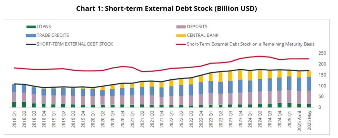 Chart shows Türkiye’s short-term external debt stock by type from Q1 2018 to May 2025, with total debt reaching $170 billion in May. (Chart via CBRT)