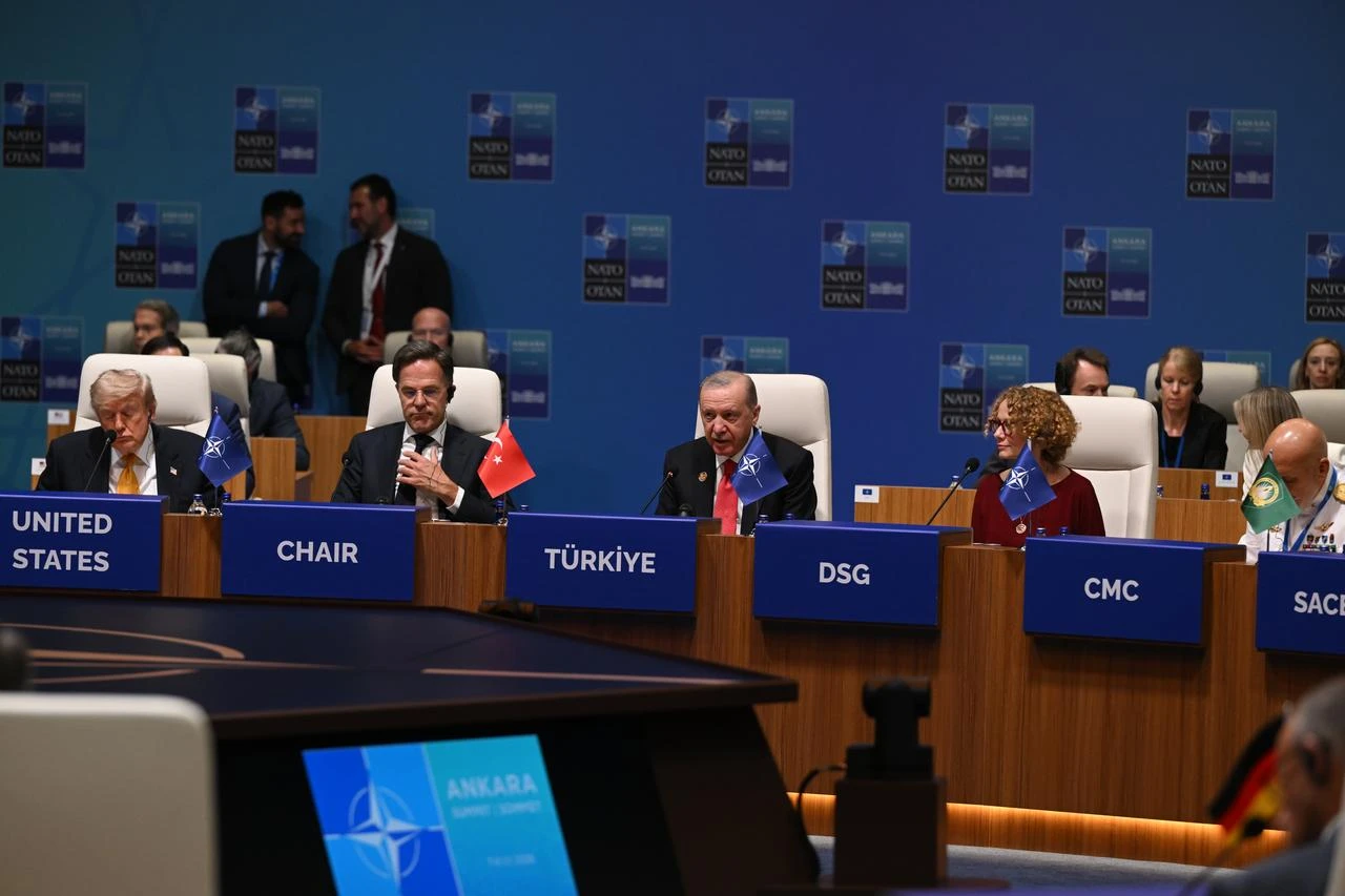 Turkish President Recep Tayyip Erdogan, NATO Secretary General Mark Rutte and U.S. President Donald Trump attend the North Atlantic Council meeting held as part of the 36th NATO Heads of State and Government Summit at the Presidential Complex in Ankara, Türkiye, July 8, 2026. (AA Photo)