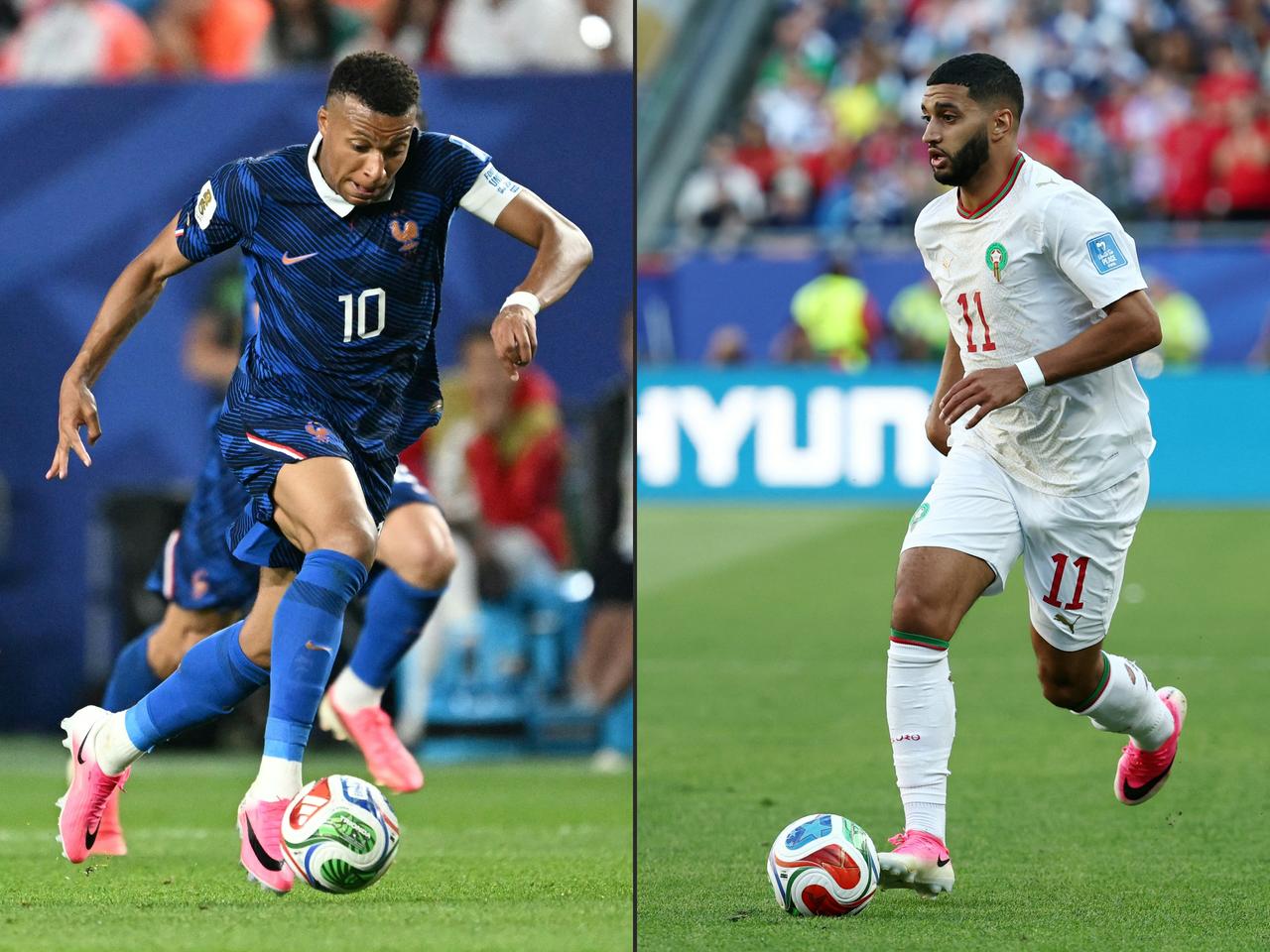 This combination of pictures created on July 07, 2026 shows France's forward #10 Kylian Mbappe running with the ball at the Philadelphia Stadium in Philadelphia on June 22, 2026, and Morocco's midfielder #11 Ismael Saibari controlling the ball at the Boston Stadium in Foxborough on June 19, 2026. (AFP Photo)