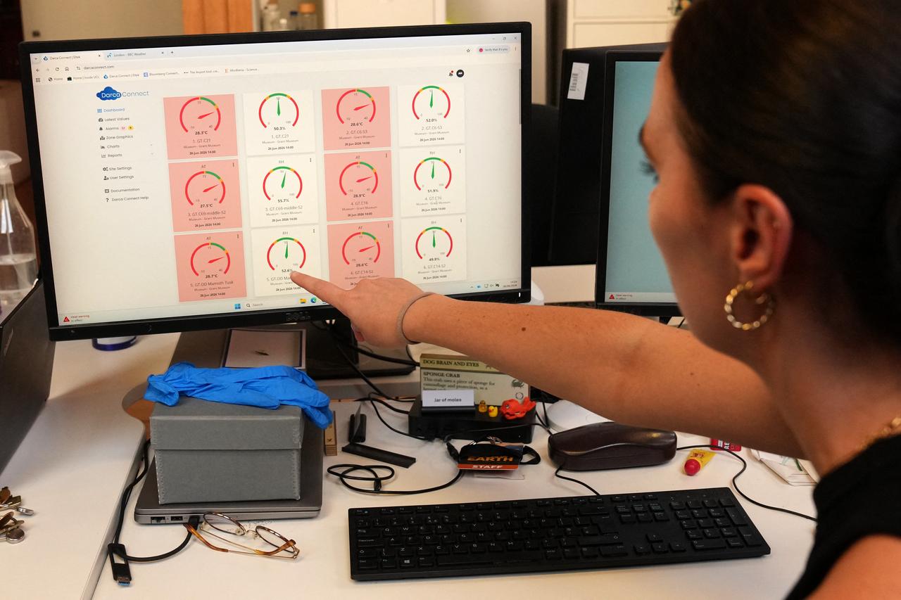 Employee points to a computer monitor display showing the temperatures inside the display cases as they monitor the heat during the heatwave. (AFP Photo)