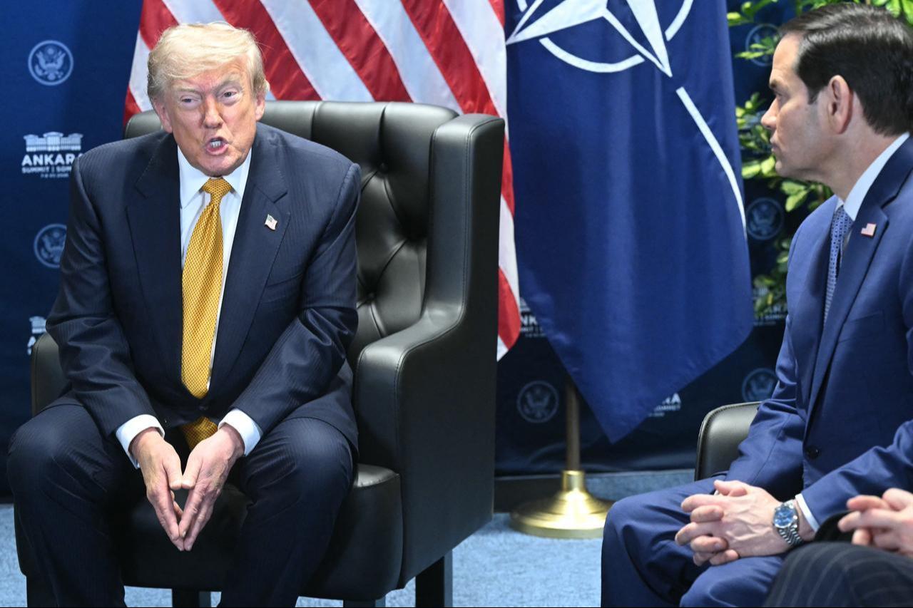US President Donald Trump (L) speaks next to US Secretary of State Marco Rubio as he meets with NATO Secretary General on the sidelines of the NATO summit in Ankara, July 8, 2026. (AFP Photo)