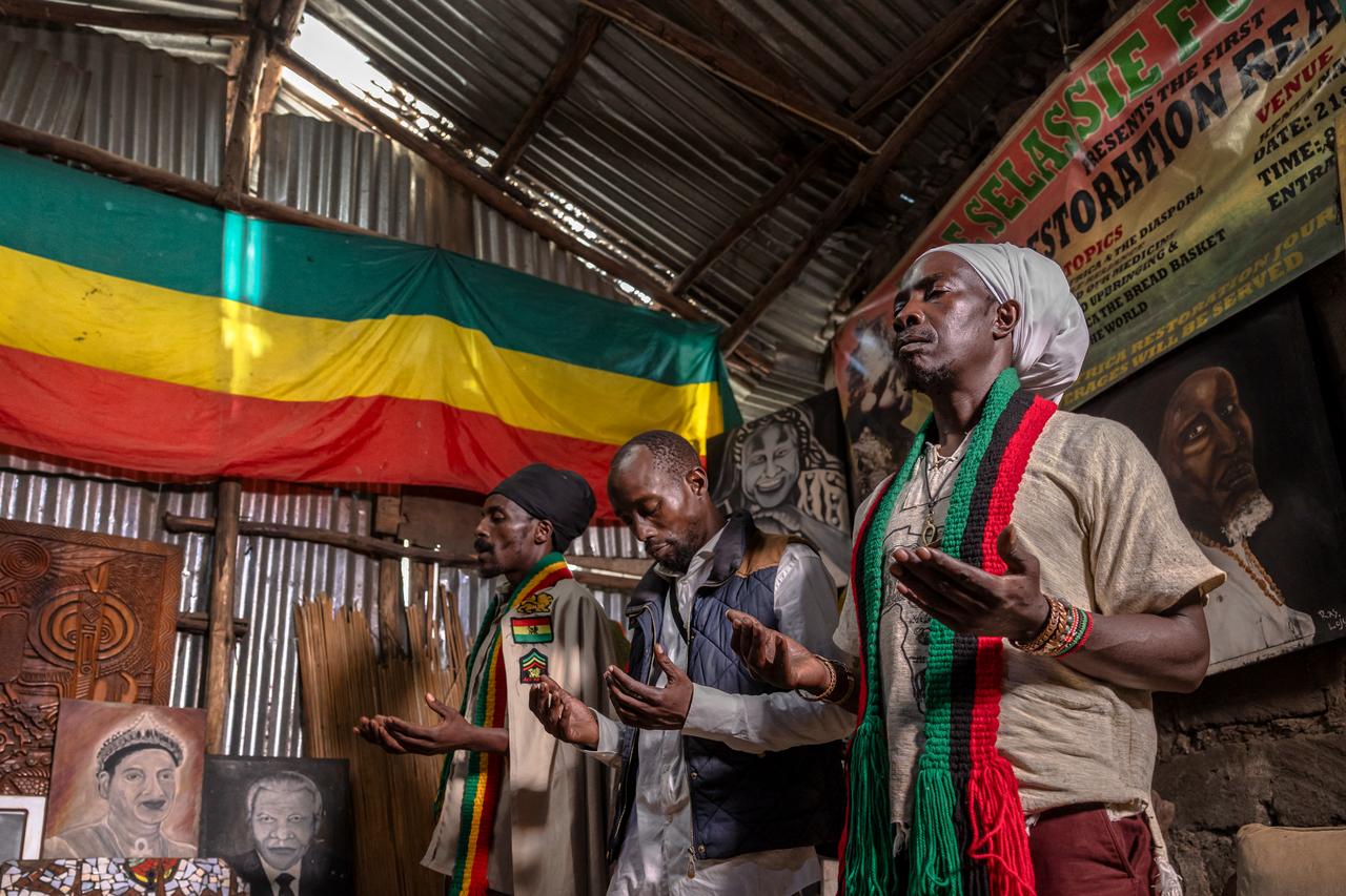 Rastafarians perform prayers following meditative chants accompanied by Nyabinghi drumming at a Rastafari commune in Nairobi, on July 4, 2026. (AFP Photo)